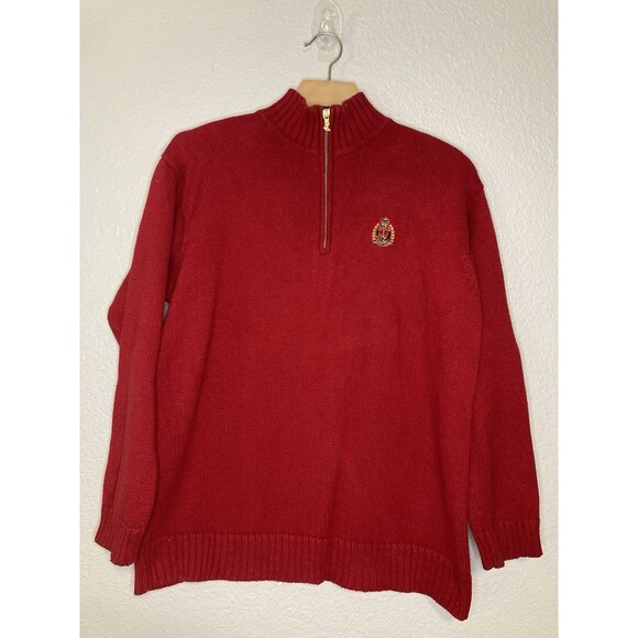 Lauren Ralph Lauren Womens Petite L 1/4 Zip Pullover Knit Sweater Crest Red Prep - Picture 1 of 6